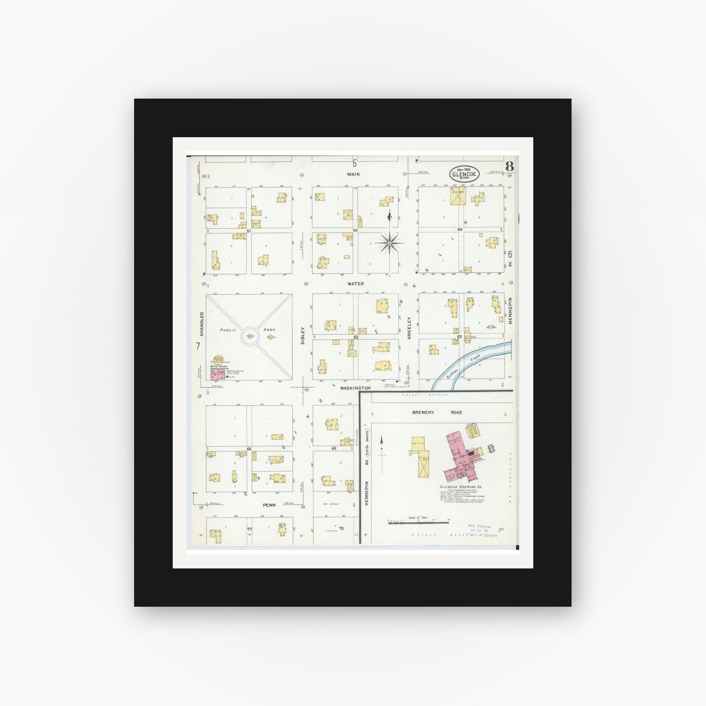 Old map wall art mockup — black gallery frame with white mat — Sanborn Fire Insurance Map from Glencoe, Mcleod County, Minnesota (1908), Sheet #0008