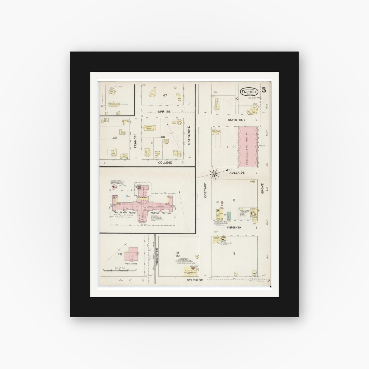 Old map wall art mockup — black gallery frame with white mat — Sanborn Fire Insurance Map from Terrell, Kaufman County, Texas (1888), Sheet #0005