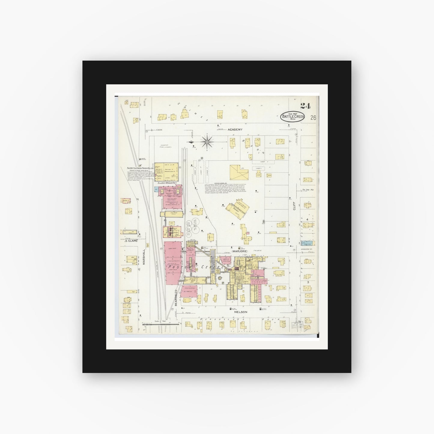 Old map wall art mockup — black gallery frame with white mat — Sanborn Fire Insurance Map from Battle Creek, Calhoun County, Michigan (1907), Sheet #0024
