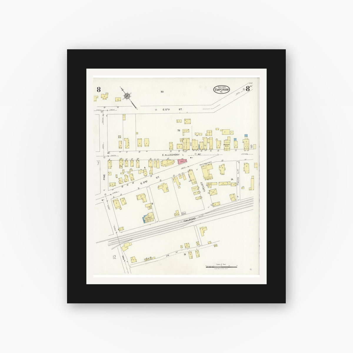 Old map wall art mockup β black gallery frame with white mat β Sanborn Fire Insurance Map from Emporium, Cameron County, Pennsylvania (1925), Sheet #0008