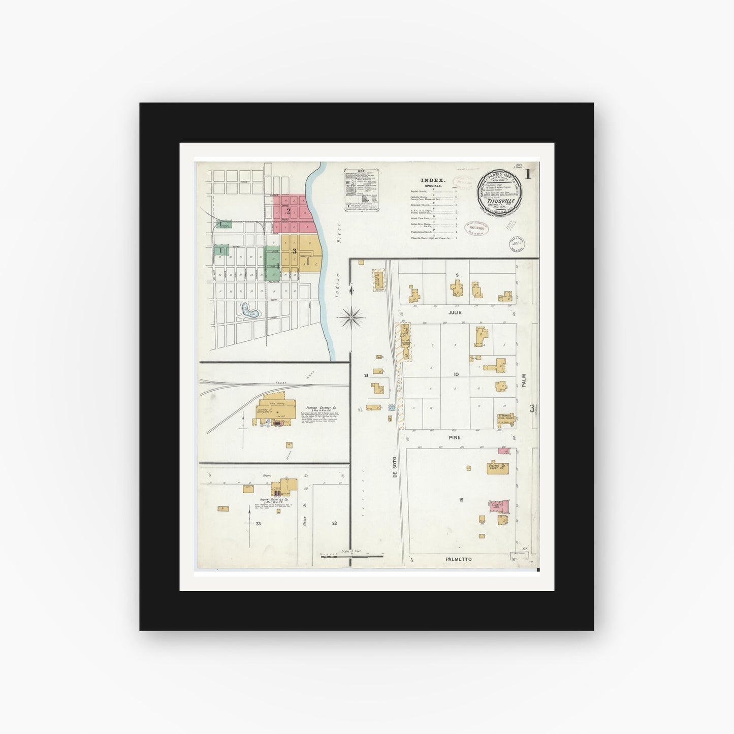 Old map wall art mockup — black gallery frame with white mat — Sanborn Fire Insurance Map from Titusville, Brevard County, Florida (1899) - Complete Map Set