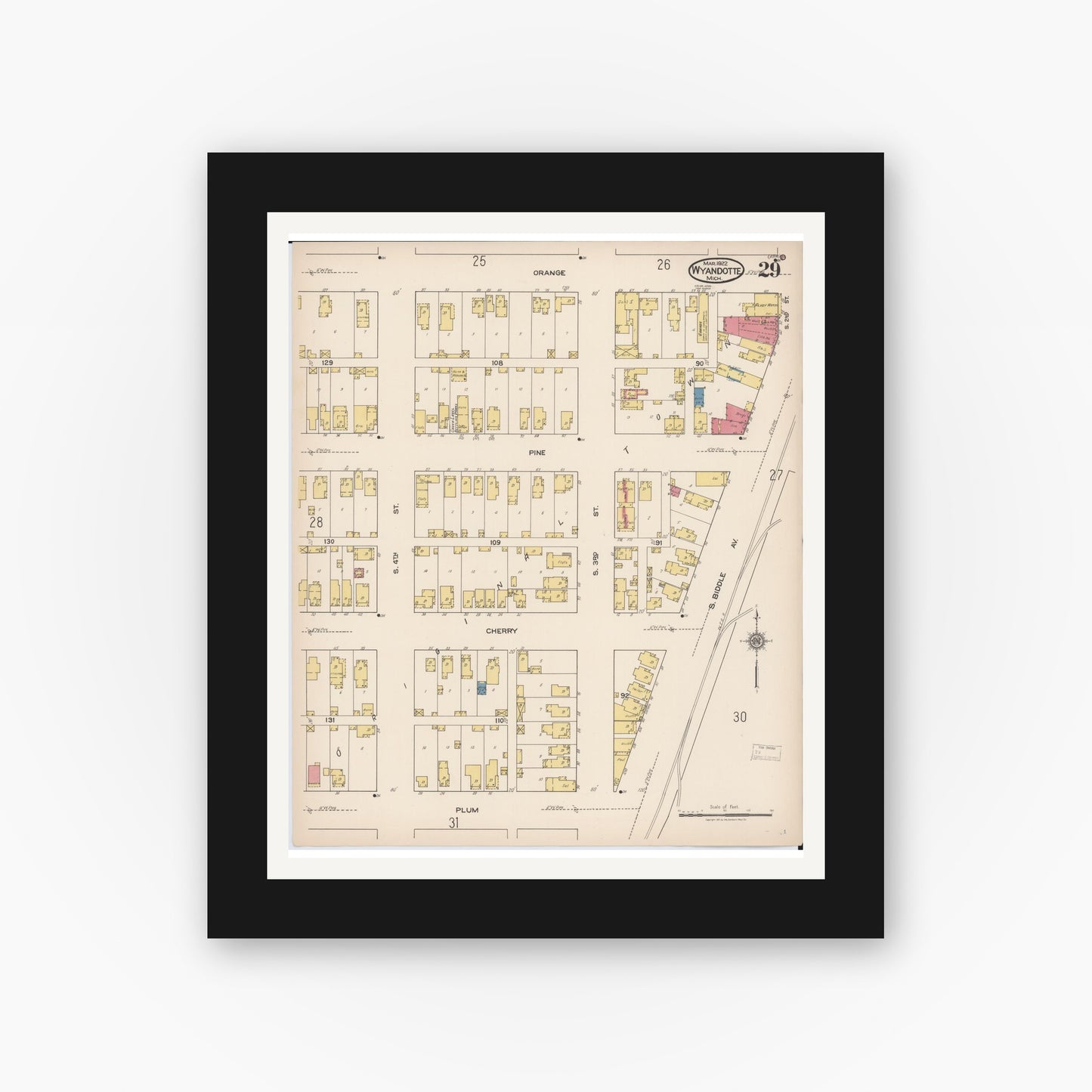 Old map wall art mockup — black gallery frame with white mat — Sanborn Fire Insurance Map from Wyandotte, Wayne County, Michigan (1922), Sheet #0029