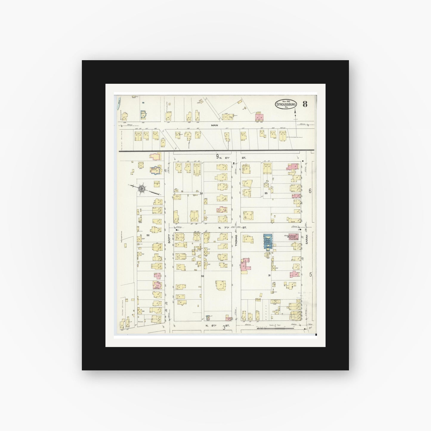 Old map wall art mockup — black gallery frame with white mat — Sanborn Fire Insurance Map from Stroudsburg, Monroe County, Pennsylvania (1912), Sheet #0008