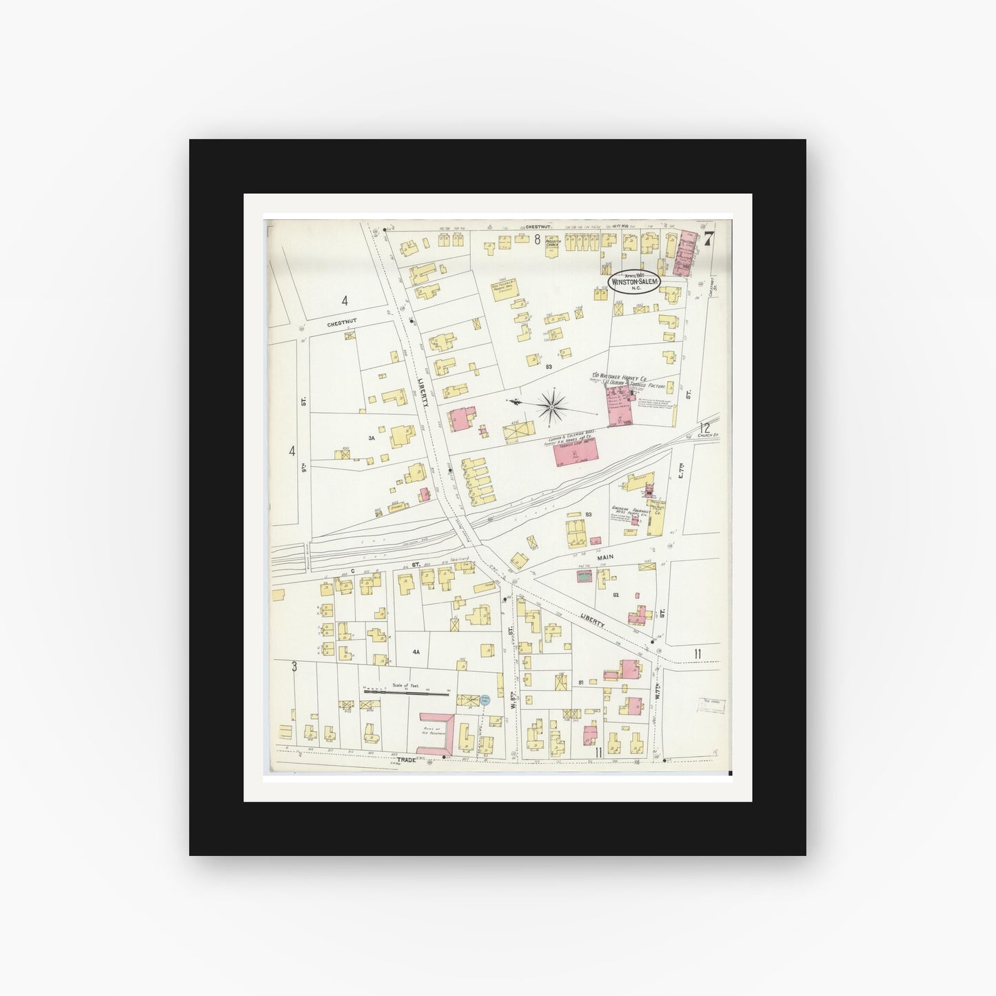 Old map wall art mockup — black gallery frame with white mat — Sanborn Fire Insurance Map from Winston-Salem, Forsyth County, North Carolina (1907), Sheet #0007