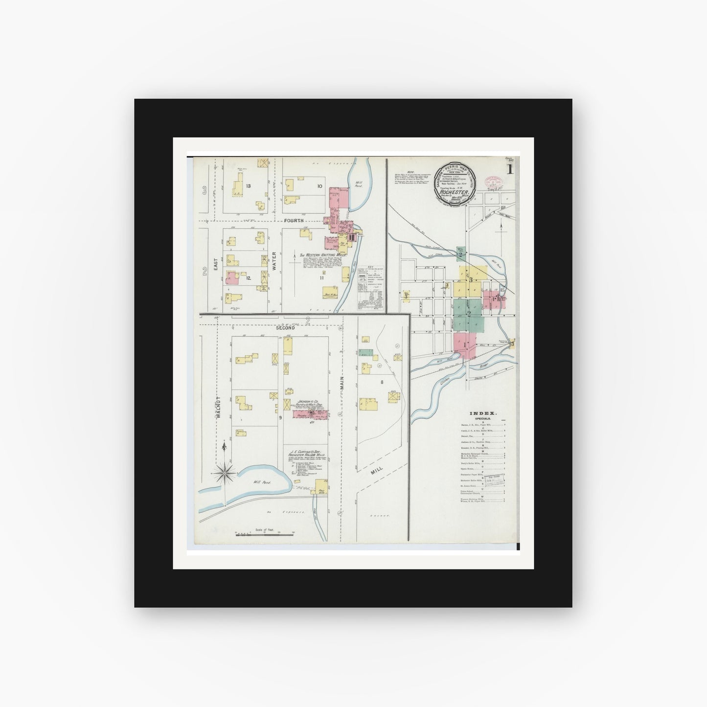 Old map wall art mockup β black gallery frame with white mat β Sanborn Fire Insurance Map from Rochester, Oakland County, Michigan (1895) - Complete Map Set
