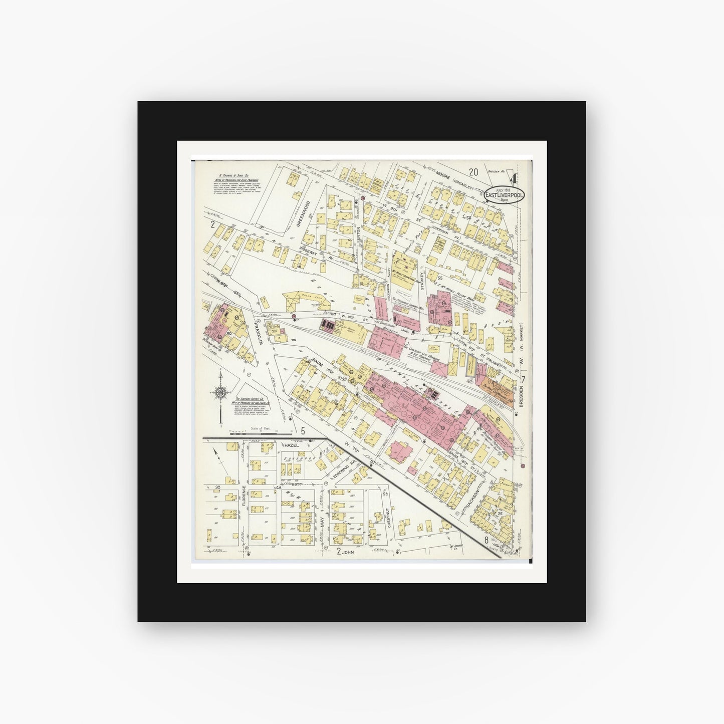 Old map wall art mockup — black gallery frame with white mat — Sanborn Fire Insurance Map from East Liverpool, Columbiana County, Ohio (1913), Sheet #0004