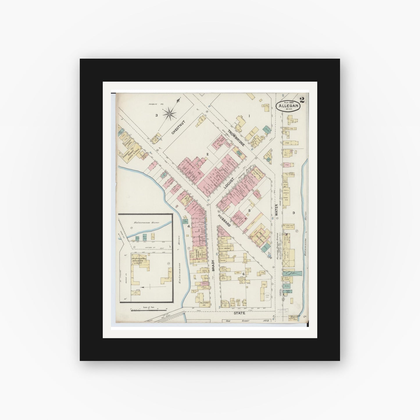 Old map wall art mockup — black gallery frame with white mat — Sanborn Fire Insurance Map from Allegan, Allegan County, Michigan (1888), Sheet #0002