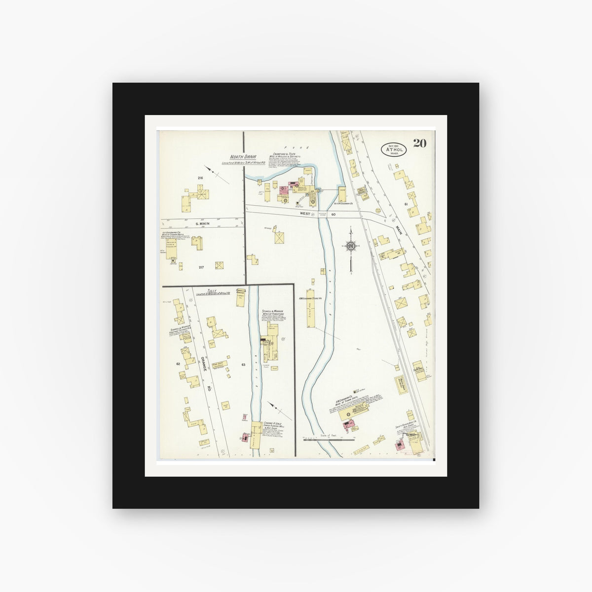 Old map wall art mockup — black gallery frame with white mat — Sanborn Fire Insurance Map from Athol, Worcester County, Massachusetts (1911), Sheet #0020