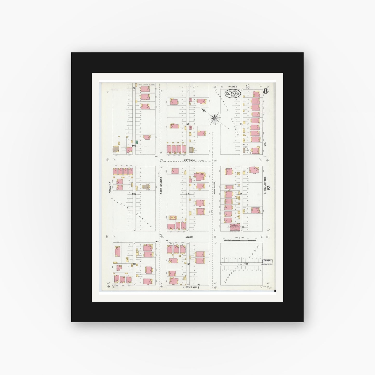 Old map wall art mockup — black gallery frame with white mat — Sanborn Fire Insurance Map from El Paso, El Paso County, Texas (1905), Sheet #0008