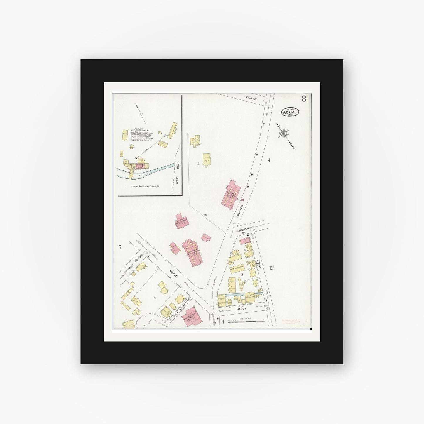 Old map wall art mockup — black gallery frame with white mat — Sanborn Fire Insurance Map from Adams, Berkshire County, Massachusetts (1914), Sheet #0008