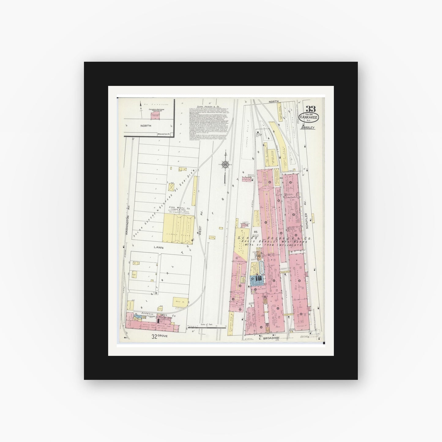 Old map wall art mockup — black gallery frame with white mat — Sanborn Fire Insurance Map from Kankakee, Kankakee County, Illinois (1914), Sheet #0033