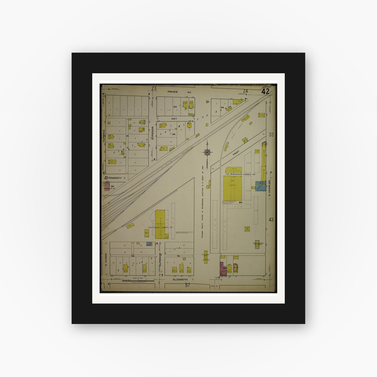 Old map wall art mockup — black gallery frame with white mat — Sanborn Fire Insurance Map from Kenosha, Kenosha County, Wisconsin. (1918), Sheet 46