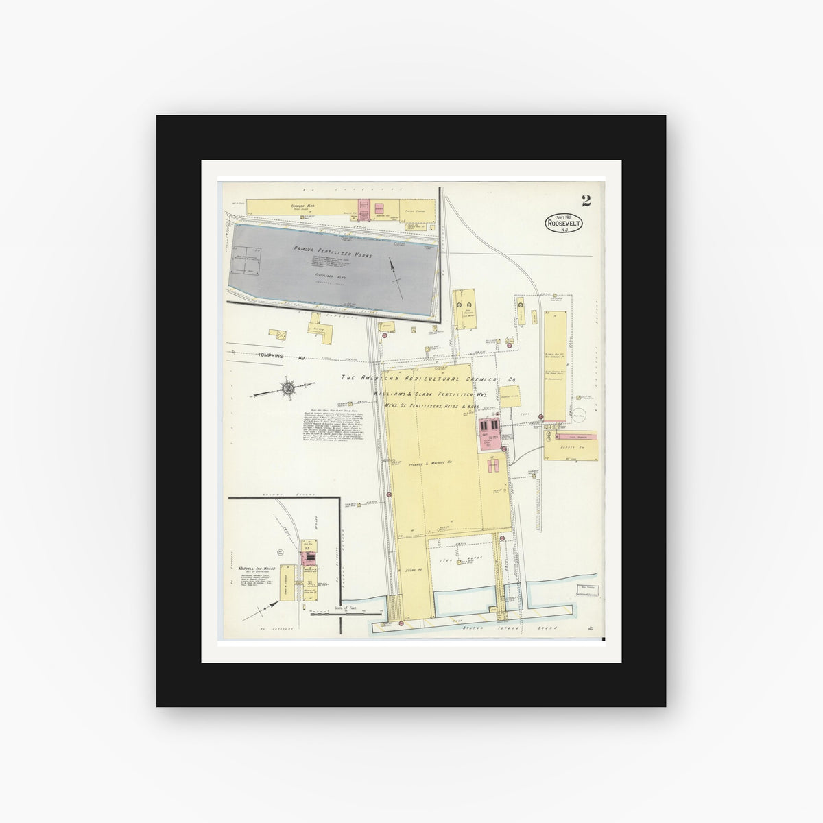 Old map wall art mockup — black gallery frame with white mat — Sanborn Fire Insurance Map from Roosevelt, Middlesex County, New Jersey (1912), Sheet #0002