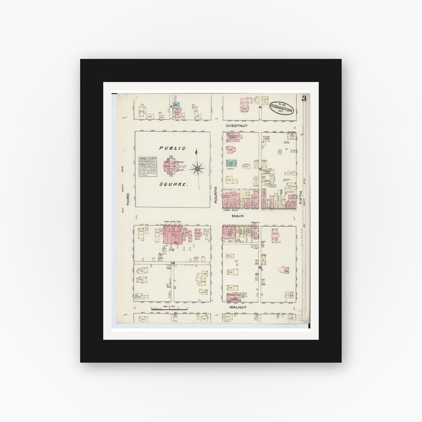 Old map wall art mockup — black gallery frame with white mat — Sanborn Fire Insurance Map from Coshocton, Coshocton County, Ohio (1884), Sheet #0003