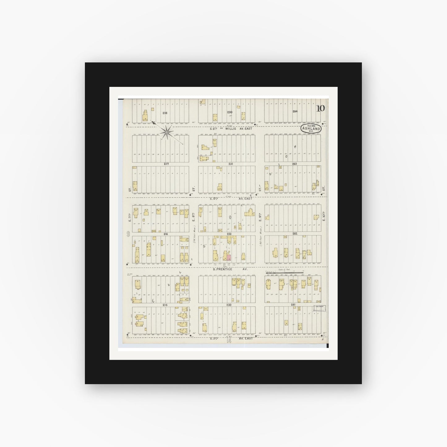 Old map wall art mockup — black gallery frame with white mat — Sanborn Fire Insurance Map from Ashland, Ashland County, Wisconsin (1895), Sheet #0010
