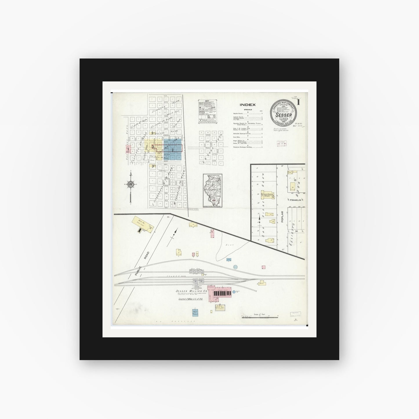 Old map wall art mockup — black gallery frame with white mat — Sanborn Fire Insurance Map from Sesser, Franklin County, Illinois (1914) - Complete Map Set