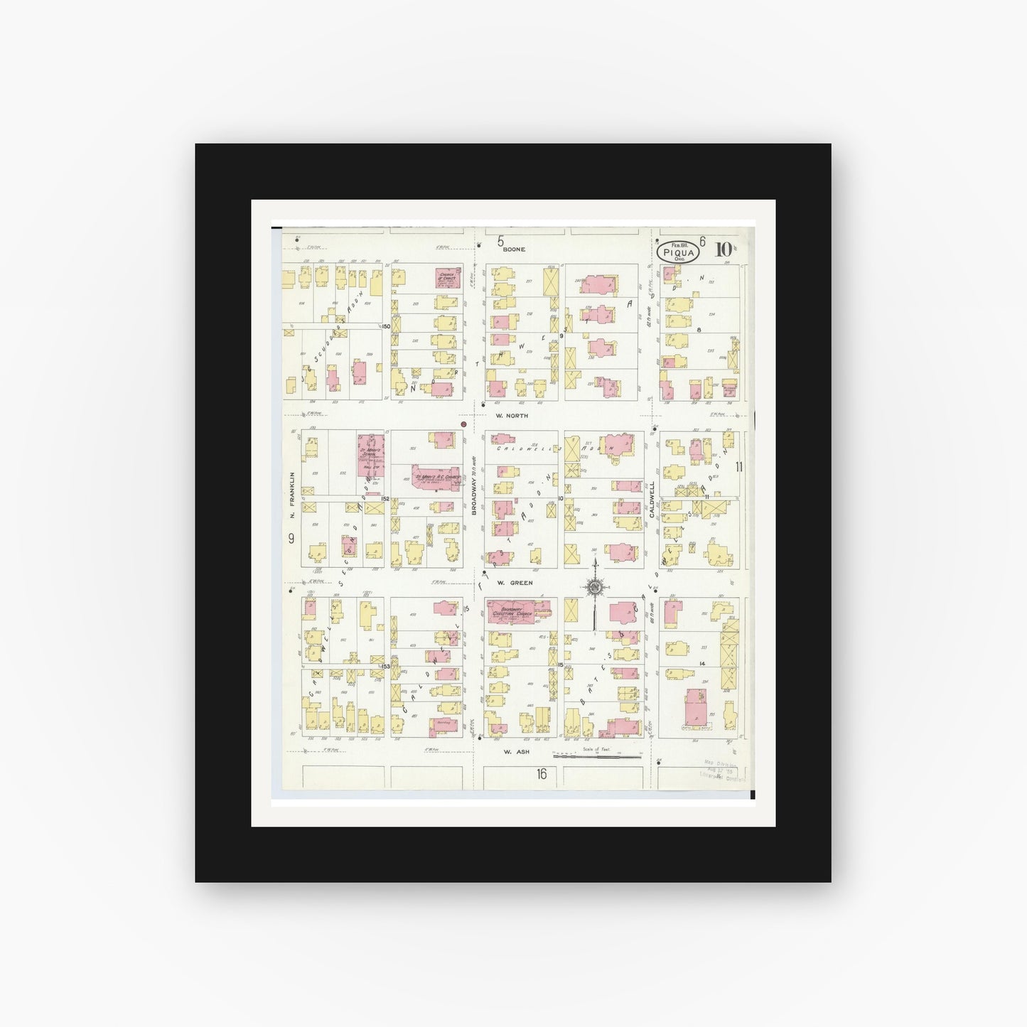 Old map wall art mockup — black gallery frame with white mat — Sanborn Fire Insurance Map from Piqua, Miami County, Ohio (1911), Sheet #0010