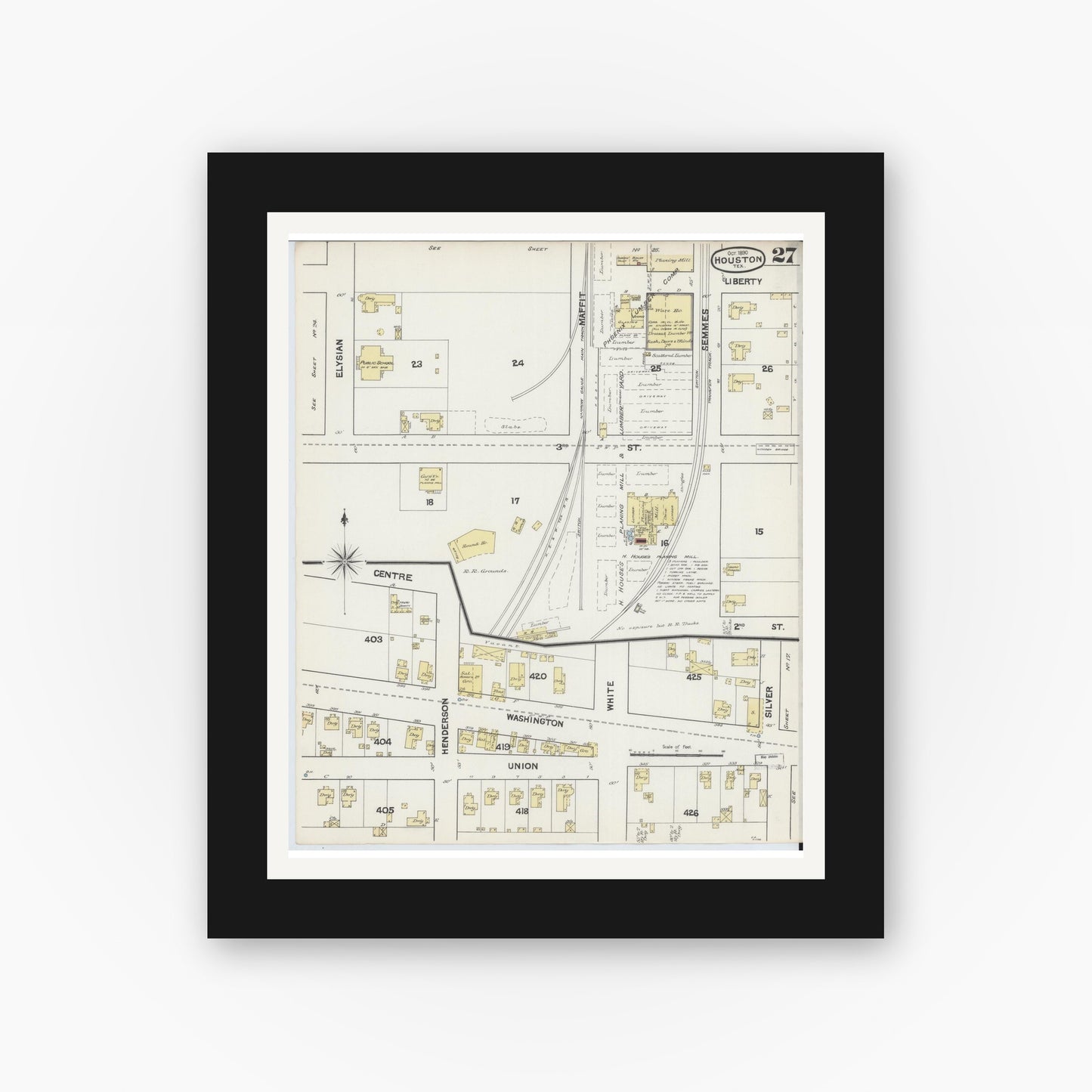 Old map wall art mockup — black gallery frame with white mat — Sanborn Fire Insurance Map from Houston, Harris County, Texas (1890), Sheet #0027