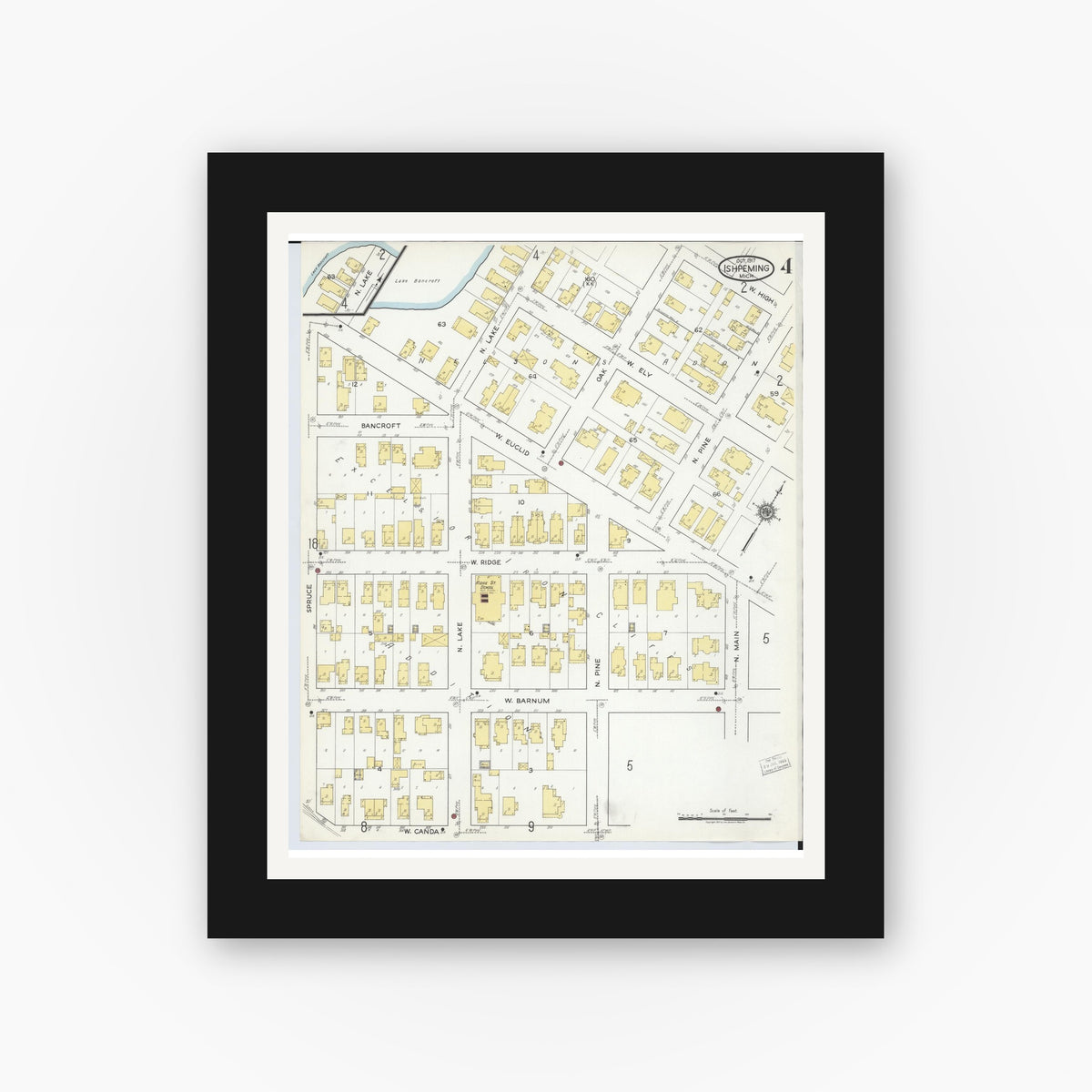 Old map wall art mockup — black gallery frame with white mat — Sanborn Fire Insurance Map from Ishpeming, Marquette County, Michigan (1917), Sheet #0004