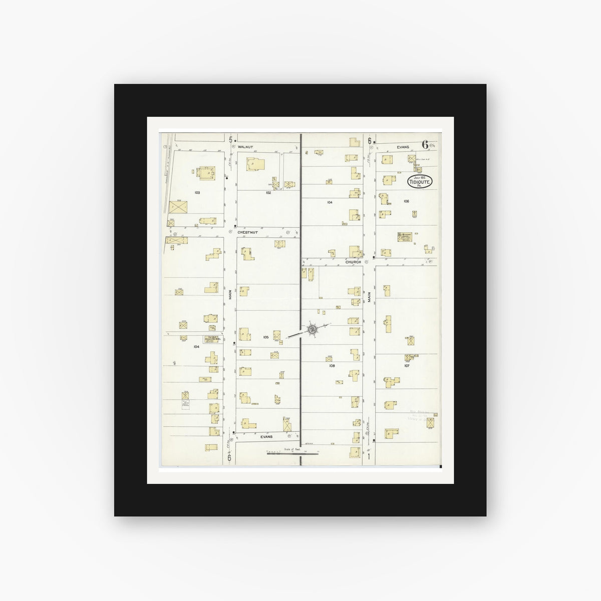 Old map wall art mockup — black gallery frame with white mat — Sanborn Fire Insurance Map from Tidioute, Warren County, Pennsylvania (1912), Sheet #0006