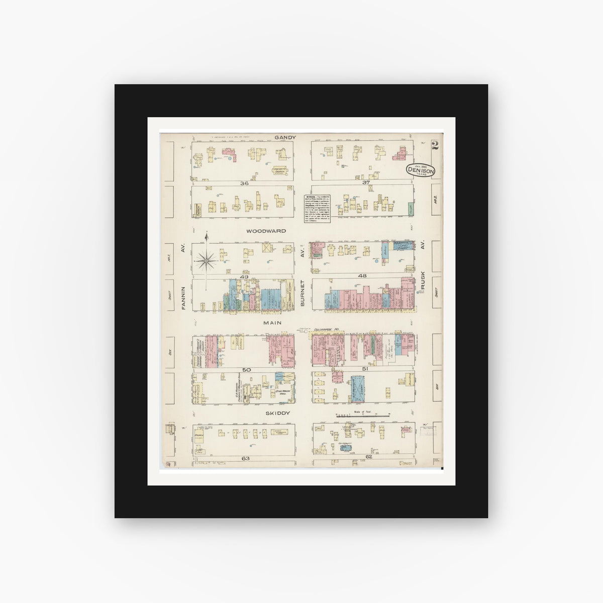 Old map wall art mockup — black gallery frame with white mat — Sanborn Fire Insurance Map from Denison, Grayson County, Texas (1885), Sheet #0002