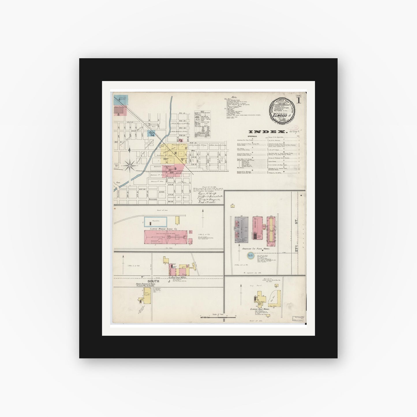 Old map wall art mockup — black gallery frame with white mat — Sanborn Fire Insurance Map from Elwood, Madison County, Indiana (1892) - Complete Map Set