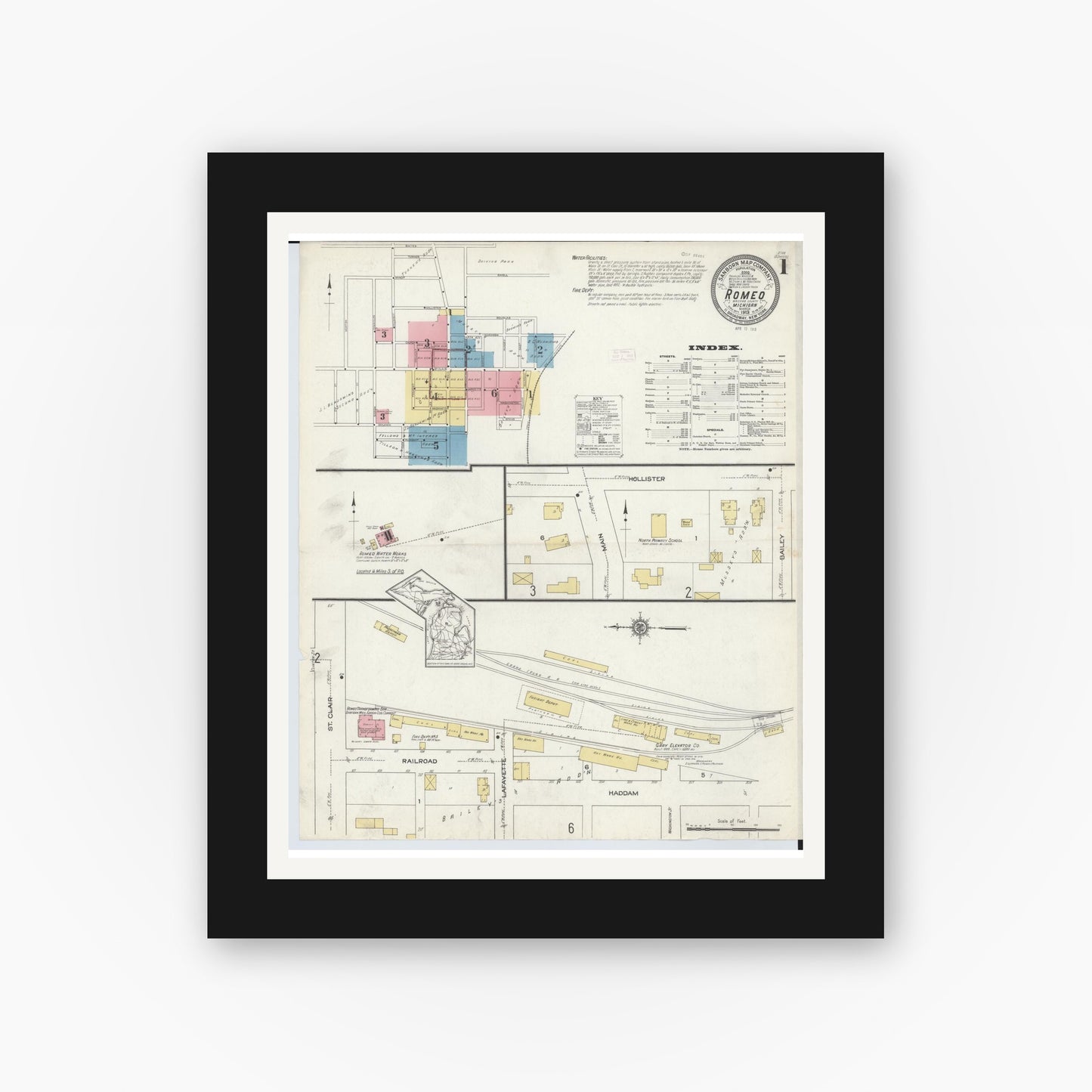 Old map wall art mockup — black gallery frame with white mat — Sanborn Fire Insurance Map from Romeo, Macomb County, Michigan (1913) - Complete Map Set