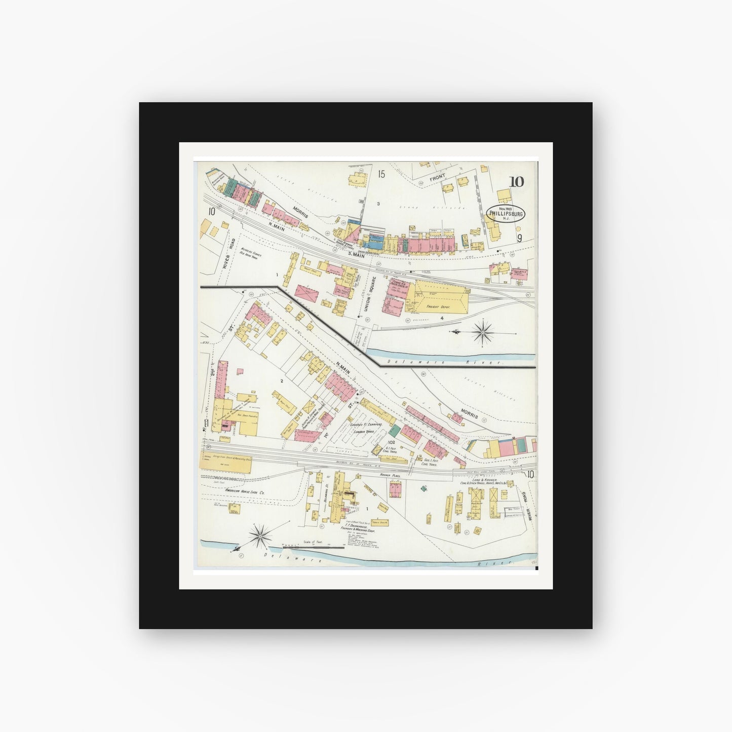 Old map wall art mockup — black gallery frame with white mat — Sanborn Fire Insurance Map from Phillipsburg, Warren County, New Jersey (1903), Sheet #0010