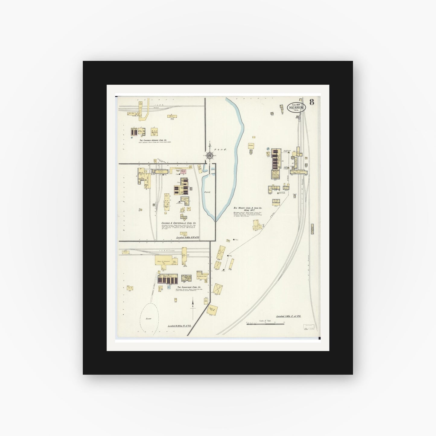 Old map wall art mockup — black gallery frame with white mat — Sanborn Fire Insurance Map from Herrin, Williamson County, Illinois (1909), Sheet #0008