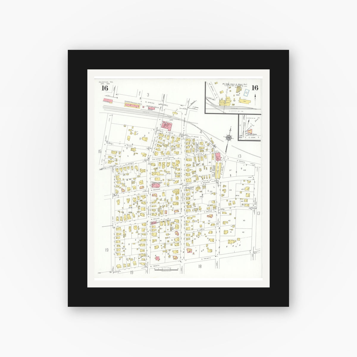 Old map wall art mockup — black gallery frame with white mat — Sanborn Fire Insurance Map from Palestine, Anderson County, Texas (1935), Sheet #0016