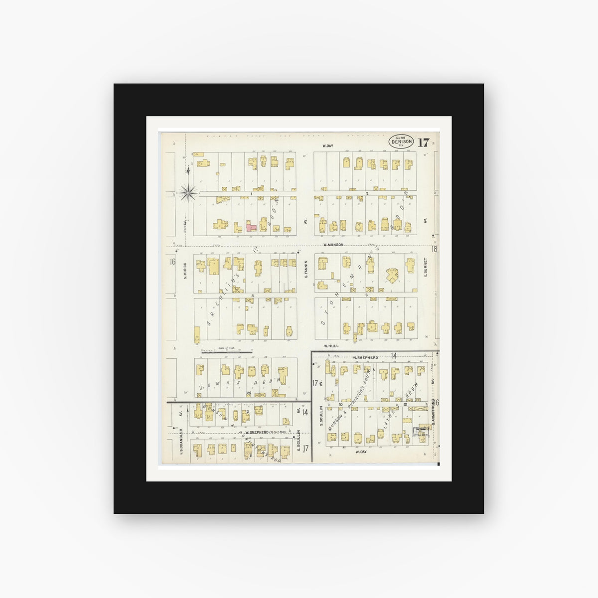 Old map wall art mockup — black gallery frame with white mat — Sanborn Fire Insurance Map from Denison, Grayson County, Texas (1903), Sheet #0017