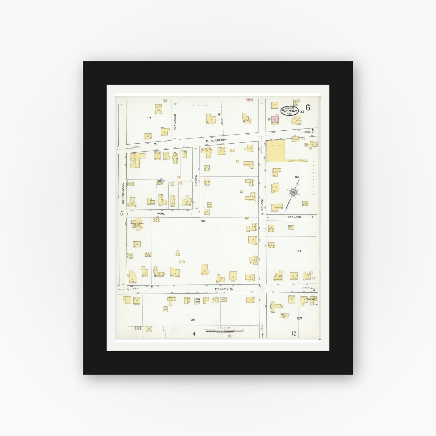 Old map wall art mockup — black gallery frame with white mat — Sanborn Fire Insurance Map from Brenham, Washington County, Texas (1920), Sheet #0006
