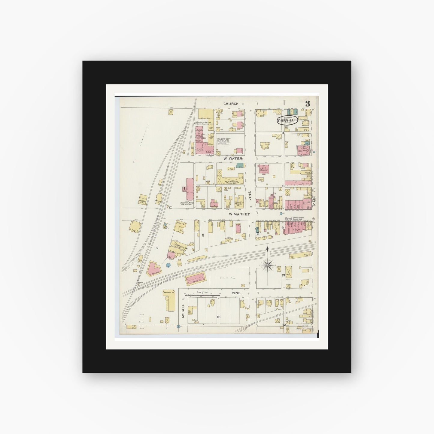 Old map wall art mockup — black gallery frame with white mat — Sanborn Fire Insurance Map from Orrville, Wayne County, Ohio (1893), Sheet #0003