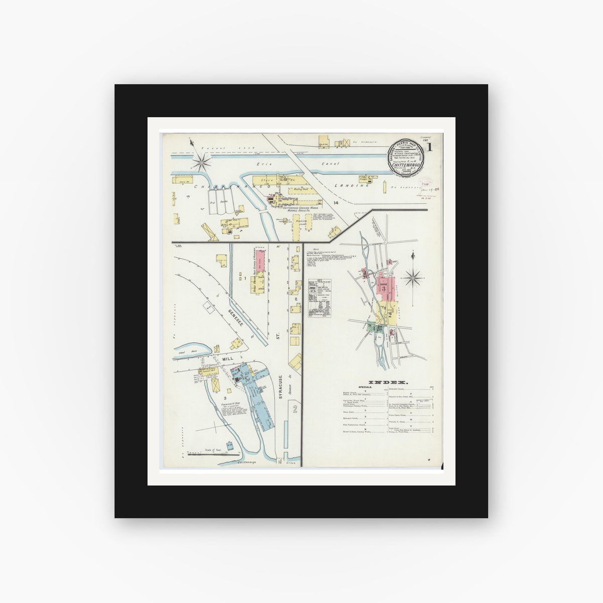 Old map wall art mockup — black gallery frame with white mat — Sanborn Fire Insurance Map from Chittenango, Madison County, New York (1895) - Complete Map Set