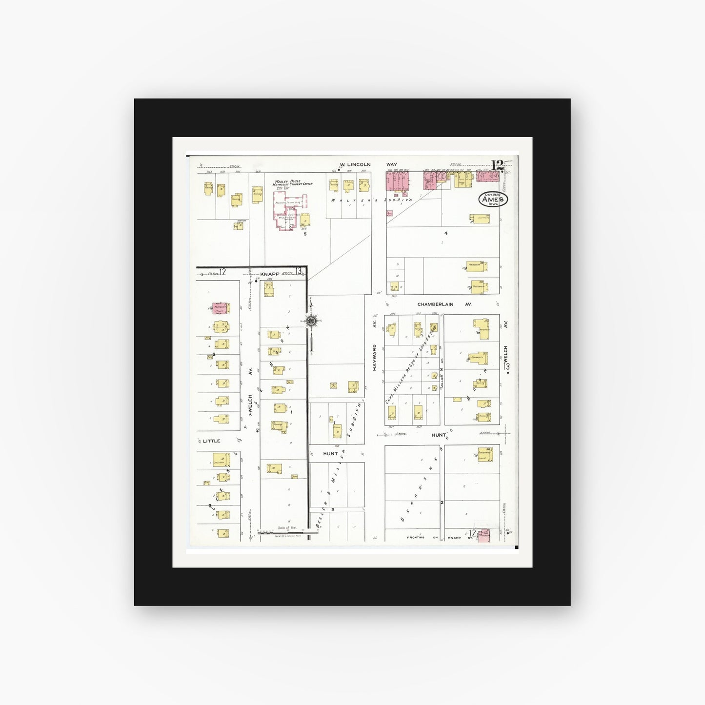 Old map wall art mockup — black gallery frame with white mat — Sanborn Fire Insurance Map from Ames, Story County, Iowa (1920), Sheet #0012
