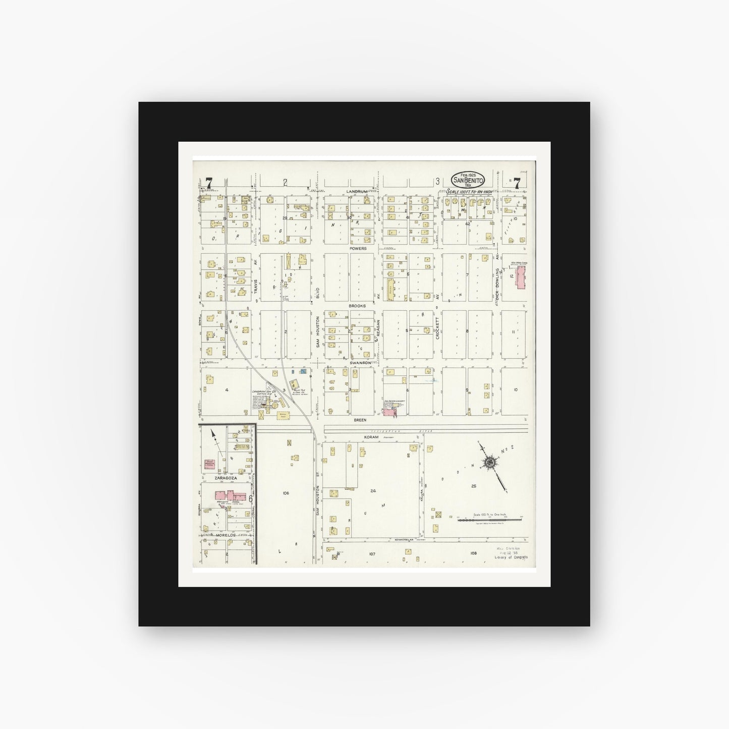 Old map wall art mockup — black gallery frame with white mat — Sanborn Fire Insurance Map from San Benito, Cameron County, Texas (1925), Sheet #0007