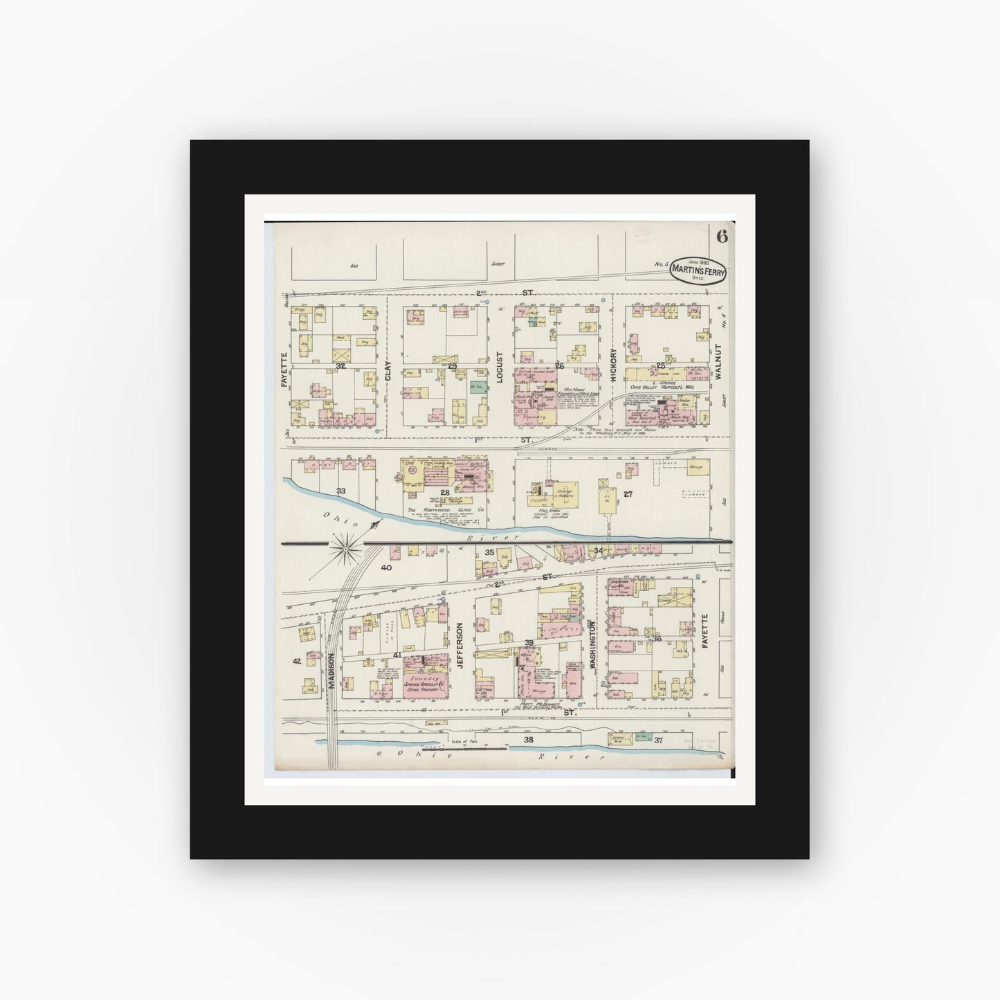 Old map wall art mockup — black gallery frame with white mat — Sanborn Fire Insurance Map from Martins Ferry, Belmont County, Ohio (1890), Sheet #0006