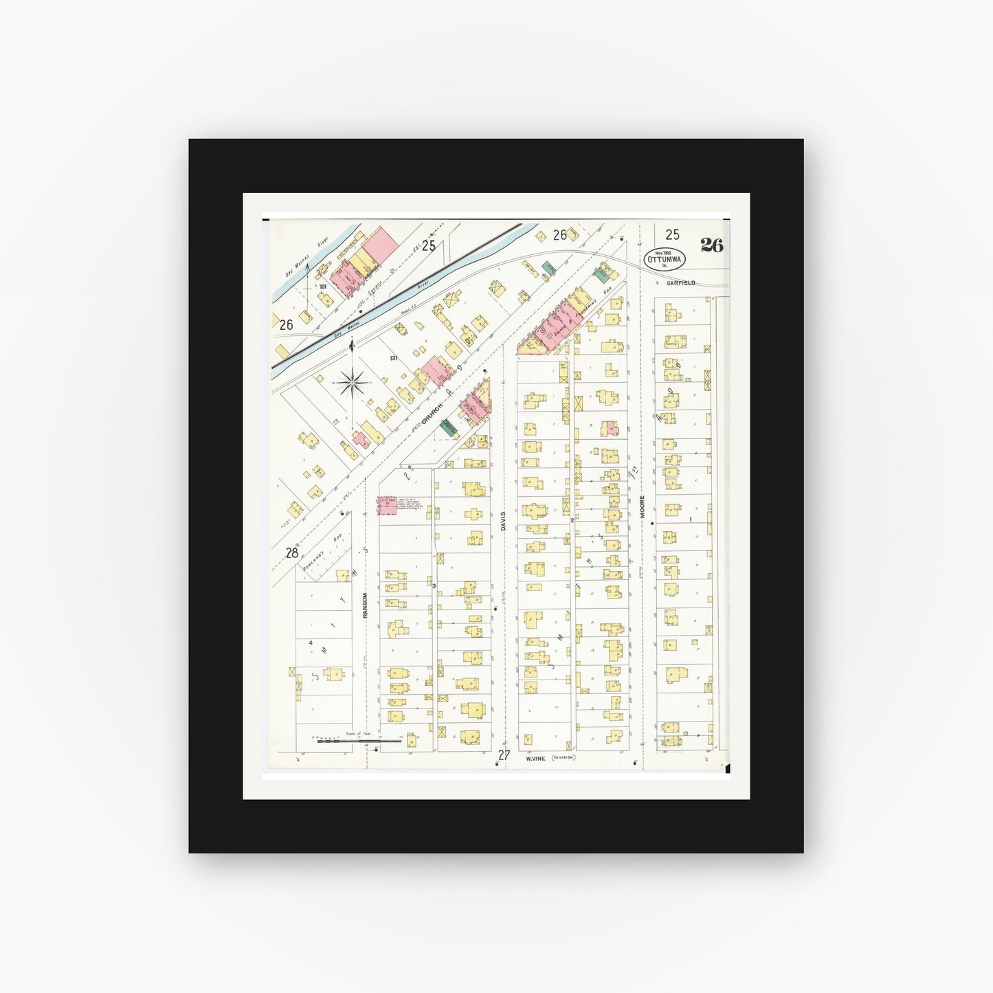 Old map wall art mockup — black gallery frame with white mat — Sanborn Fire Insurance Map from Ottumwa, Wapello County, Iowa (1902), Sheet #0026