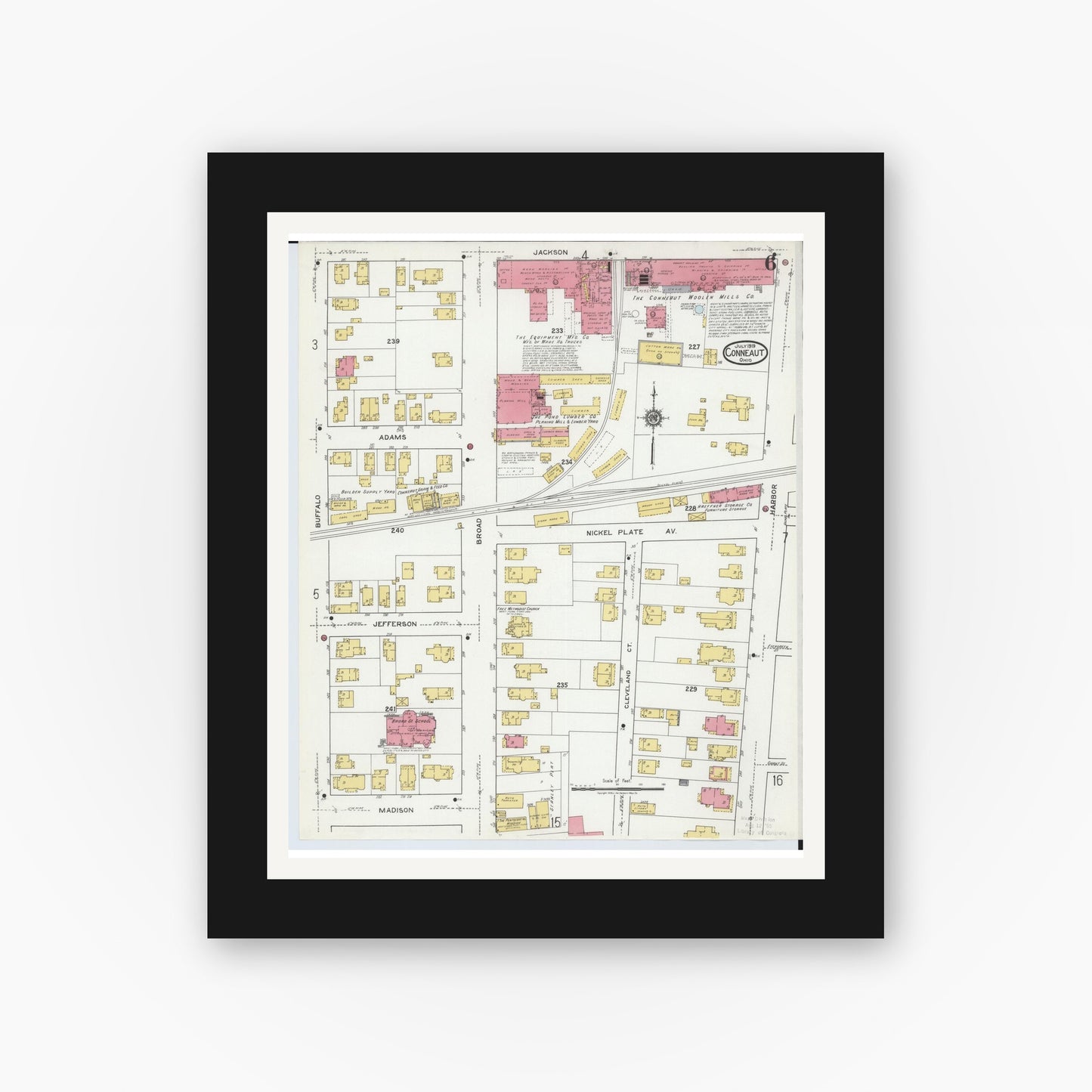 Old map wall art mockup — black gallery frame with white mat — Sanborn Fire Insurance Map from Conneaut, Ashtabula County, Ohio (1919), Sheet #0006