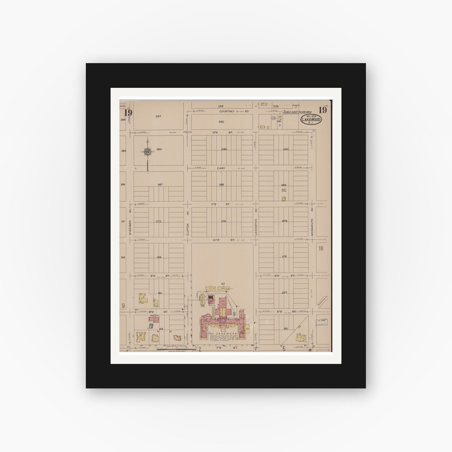 Old map wall art mockup — black gallery frame with white mat — Sanborn Fire Insurance Map from Lakewood, Ocean County, New Jersey (1922), Sheet #0019