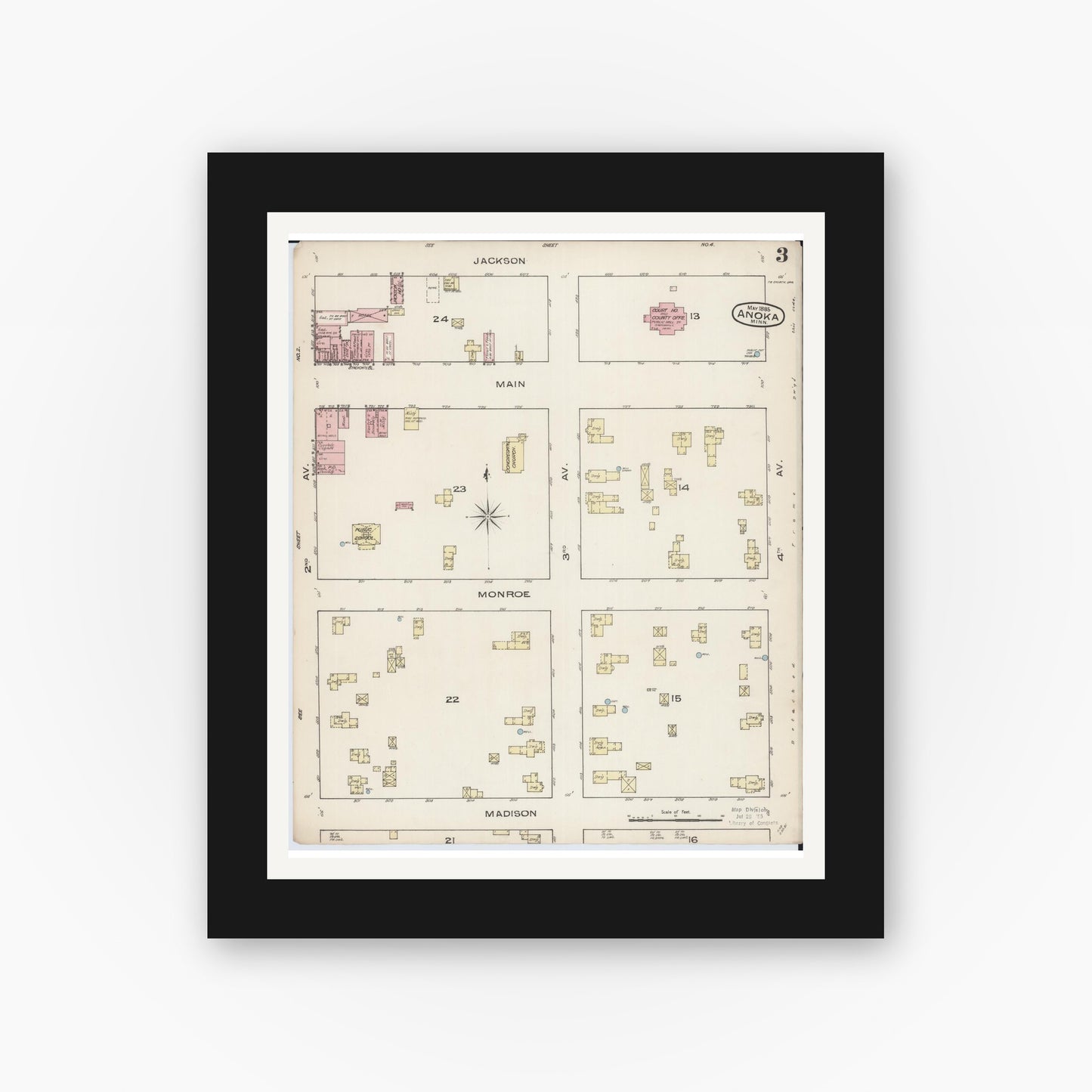 Old map wall art mockup — black gallery frame with white mat — Sanborn Fire Insurance Map from Anoka, Anoka County, Minnesota (1885), Sheet #0003
