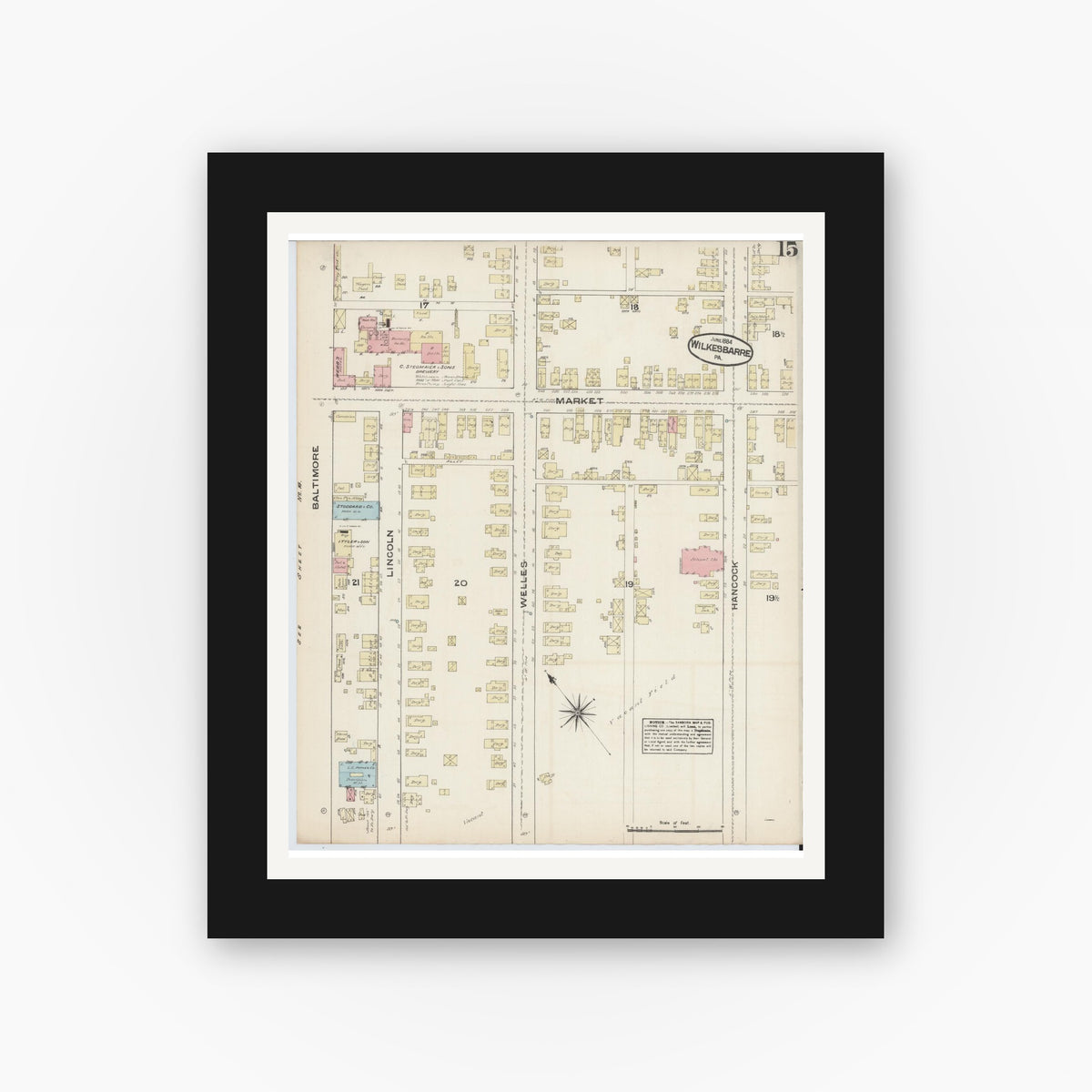Old map wall art mockup — black gallery frame with white mat — Sanborn Fire Insurance Map from Wilkes Barre, Luzerne County, Pennsylvania (1884), Sheet #0015