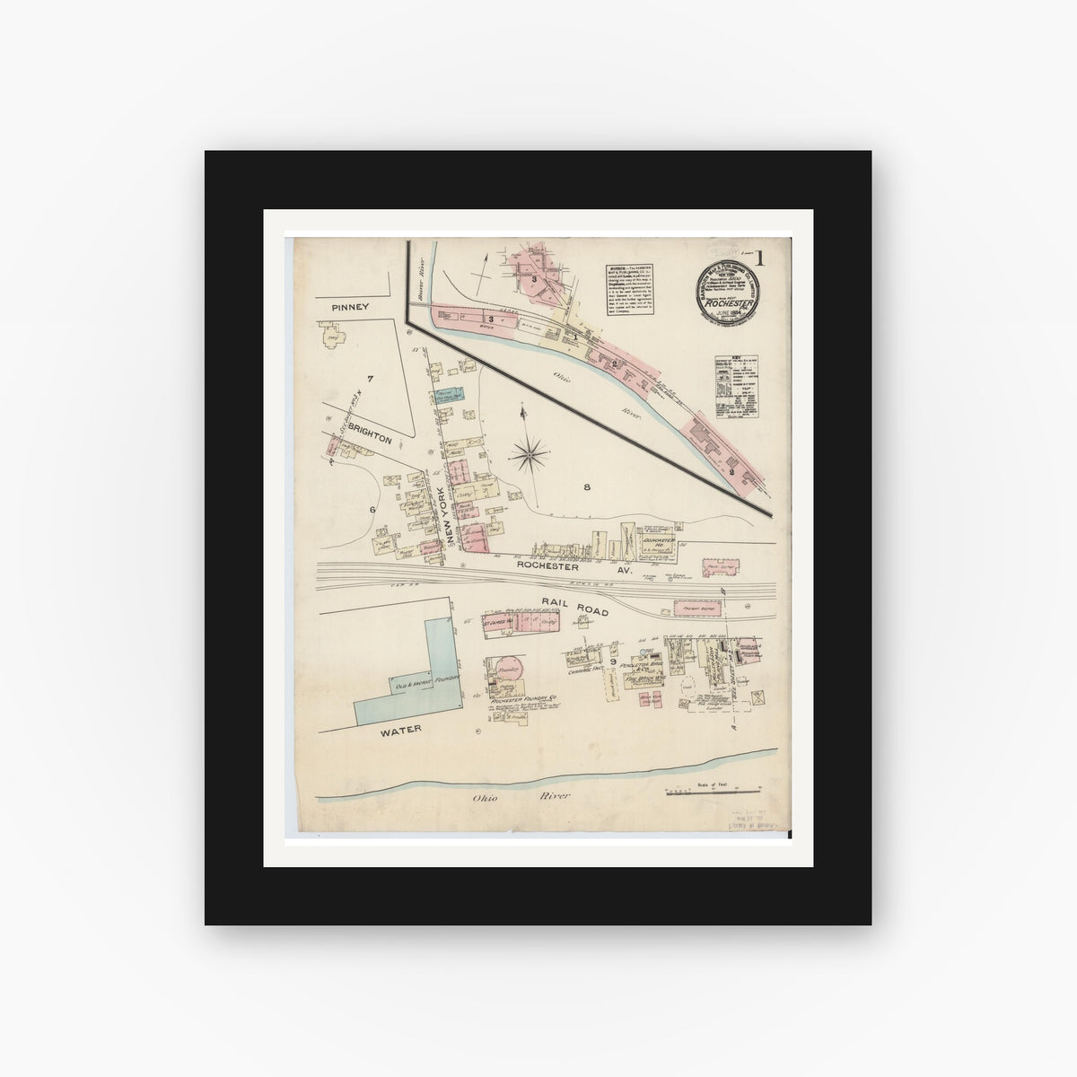 Old map wall art mockup — black gallery frame with white mat — Sanborn Fire Insurance Map from Rochester, Beaver County, Pennsylvania (1884), Sheet #0001