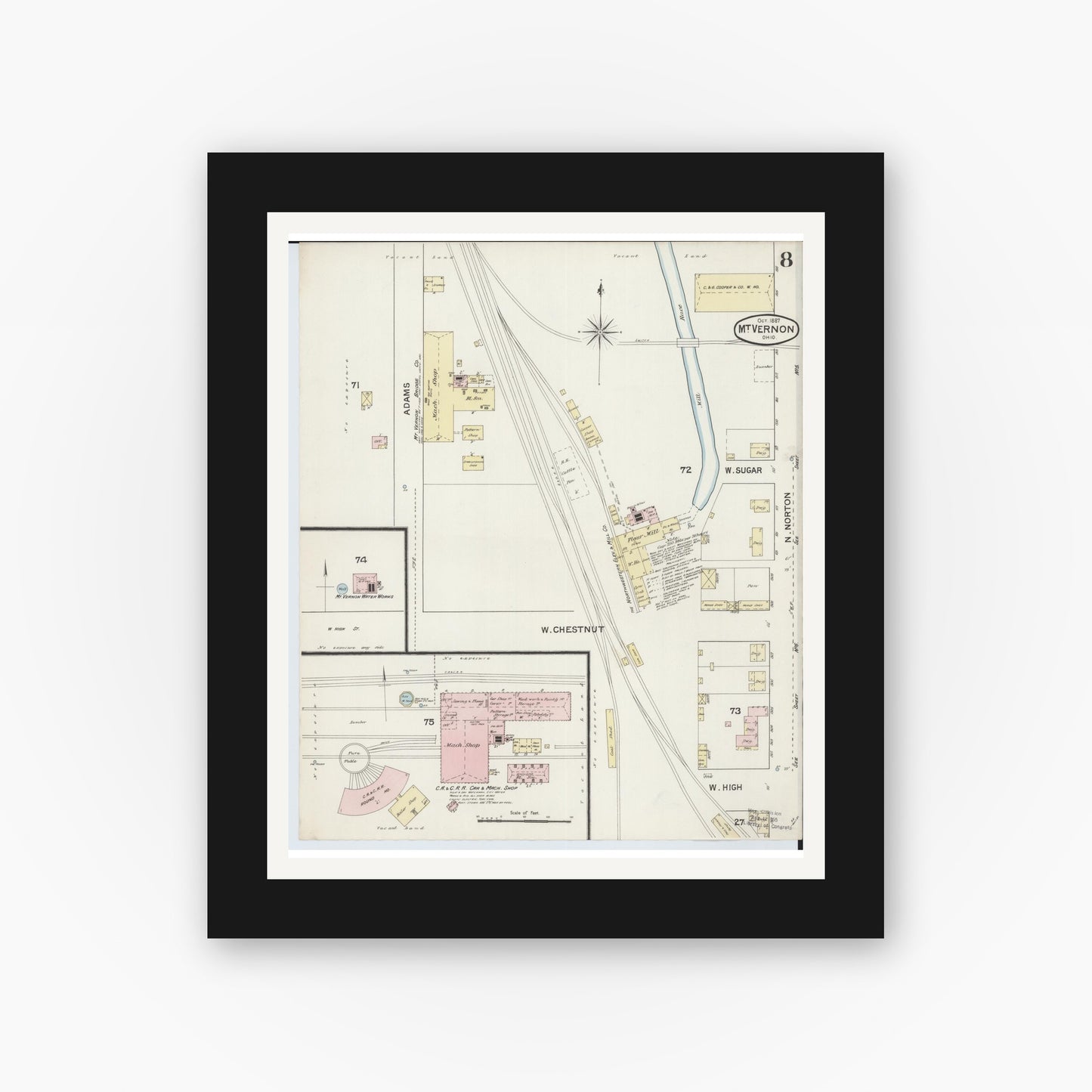 Old map wall art mockup — black gallery frame with white mat — Sanborn Fire Insurance Map from Mount Vernon, Knox County, Ohio (1887), Sheet #0008