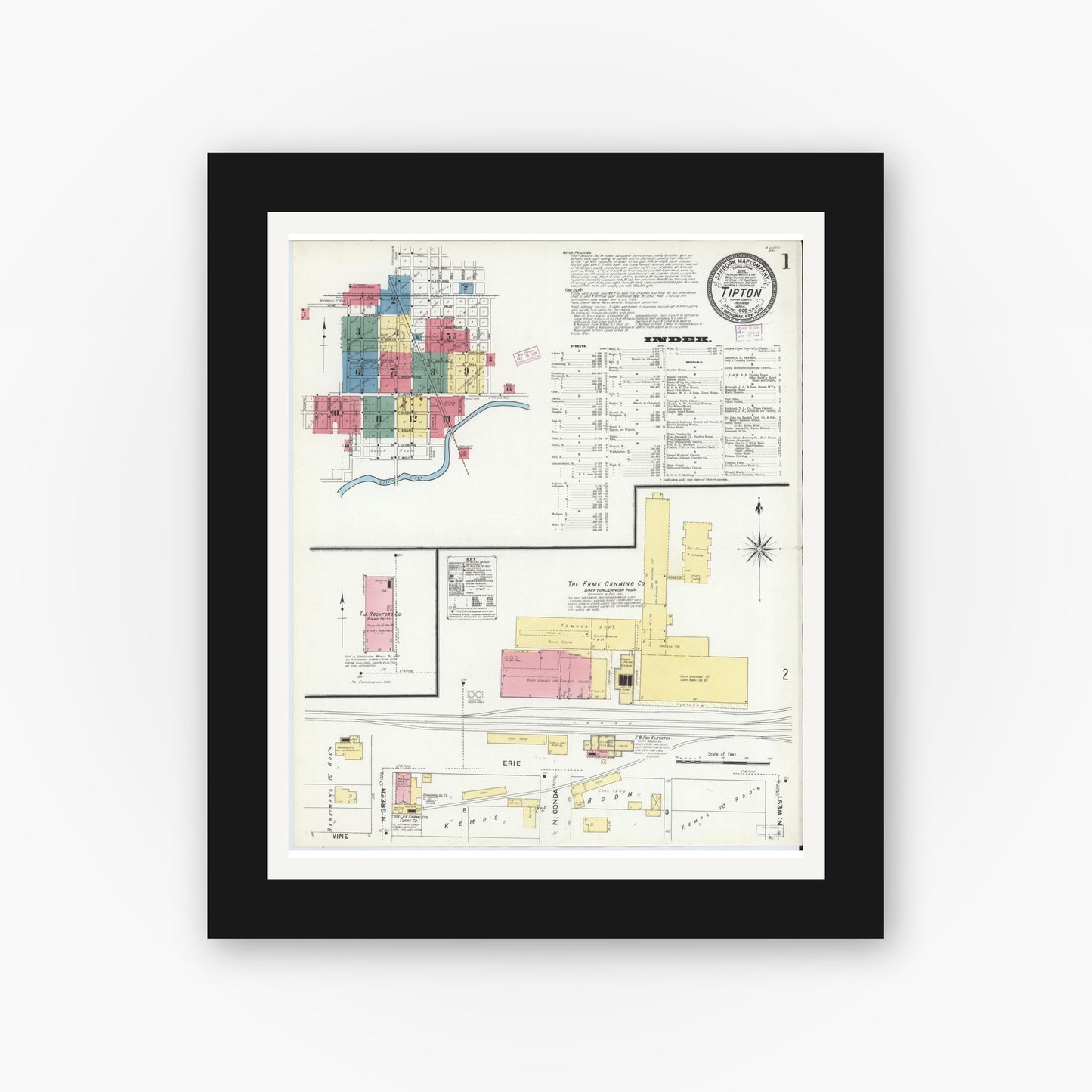 Old map wall art mockup — black gallery frame with white mat — Sanborn Fire Insurance Map from Tipton, Tipton County, Indiana (1909), Sheet #0001