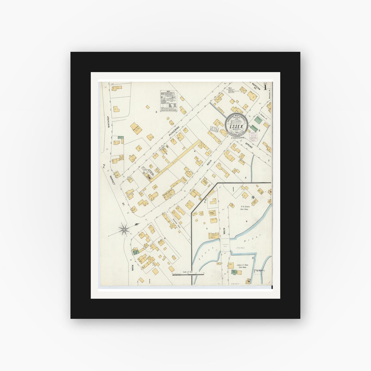 Old map wall art mockup — black gallery frame with white mat — Sanborn Fire Insurance Map from Essex, Essex County, Massachusetts (1903), Sheet #0001