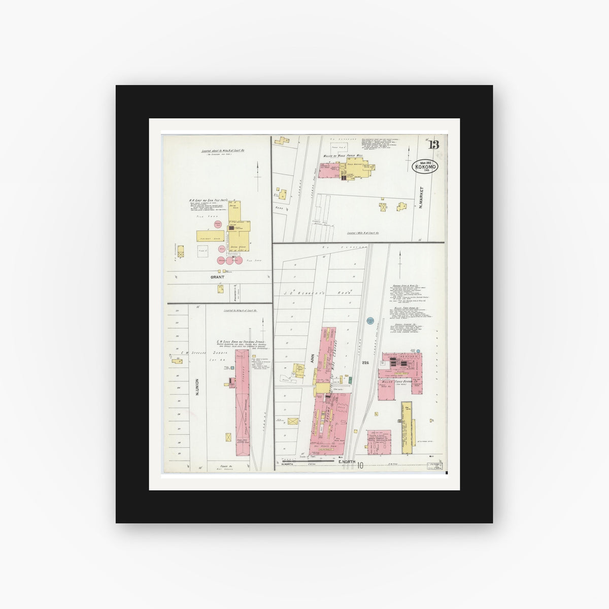 Old map wall art mockup — black gallery frame with white mat — Sanborn Fire Insurance Map from Kokomo, Howard County, Indiana (1902), Sheet #0013