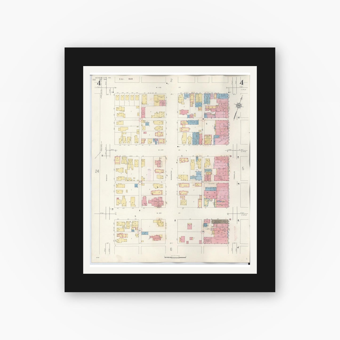 Old map wall art mockup — black gallery frame with white mat — Sanborn Fire Insurance Map from Michigan City, La Porte County, Indiana (1948), Sheet #0004
