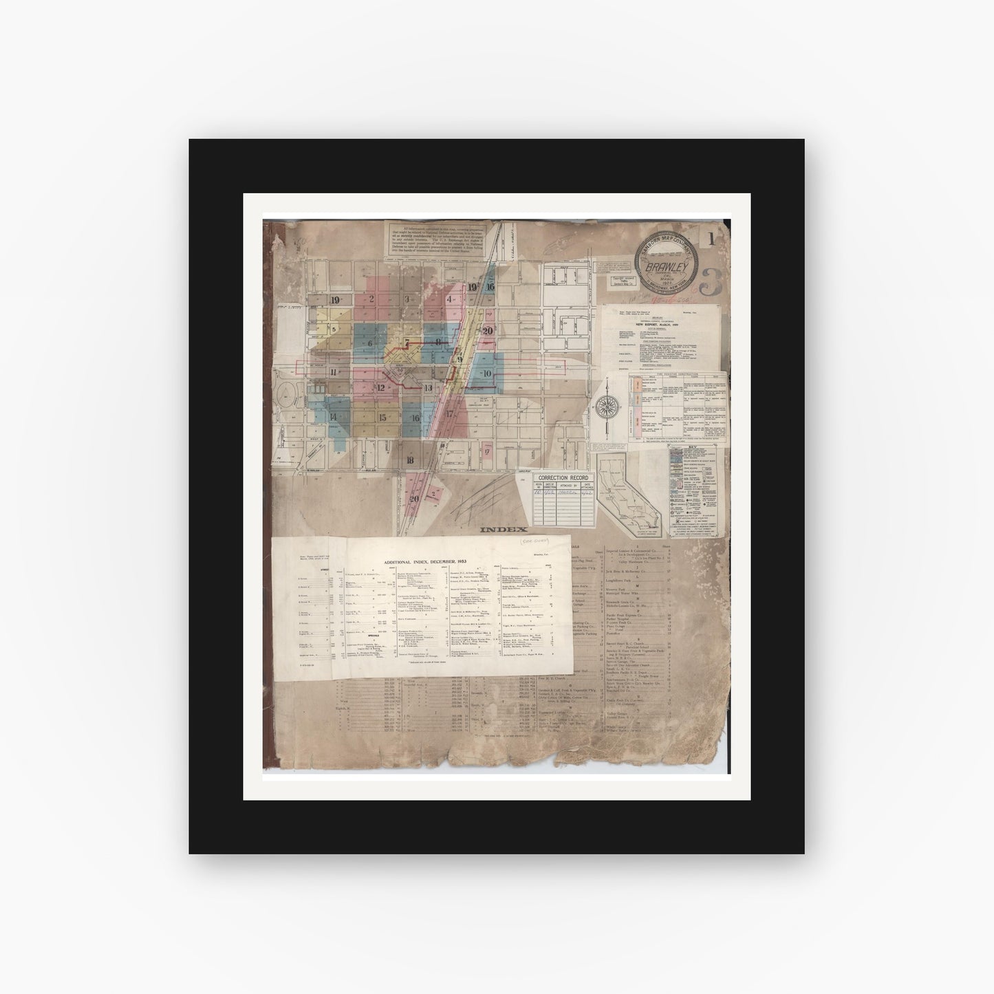 Old map wall art mockup — black gallery frame with white mat — Sanborn Fire Insurance Map from Brawley, Imperial County, California (1962), Sheet #0001