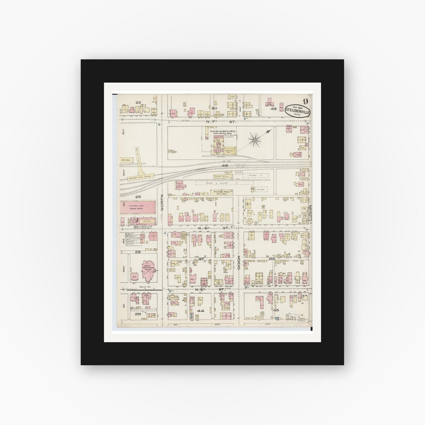 Old map wall art mockup — black gallery frame with white mat — Sanborn Fire Insurance Map from Steubenville, Jefferson County, Ohio (1885), Sheet #0009